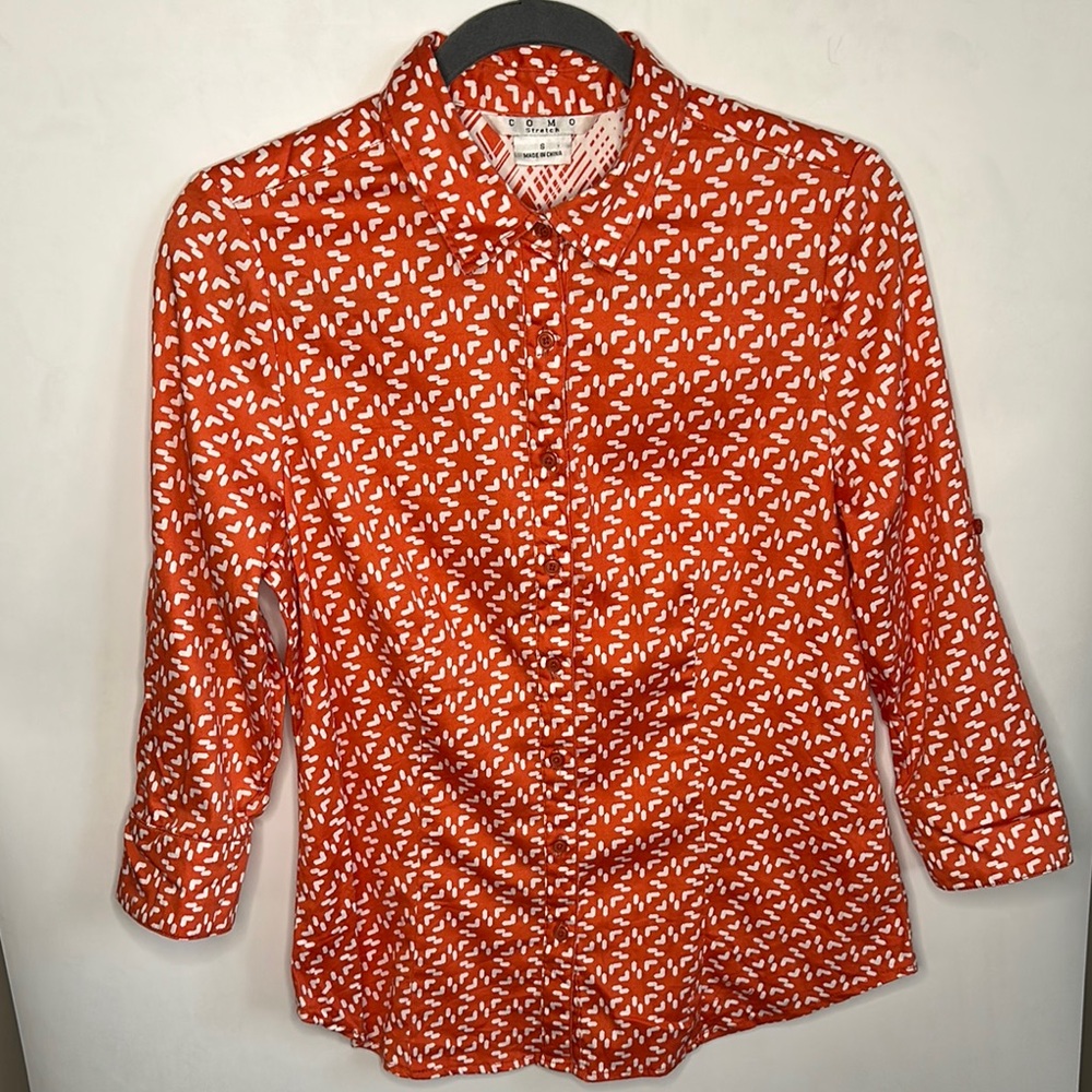 Como Orange and White 3/4 Sleeve Button Down Shirt